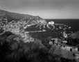 Black and white photograph of the Casino building and Avalon Bay view from Upper Terrace, Avalon, CA, architectural and landscape photography by Tony Sanders